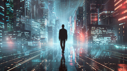 Businessman Standing in Middle of Urban Night City