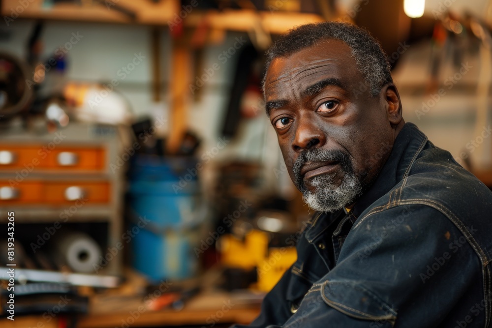 Poster a reflecting older man with a serious expression working in a well-equipped garage, offering a glimp