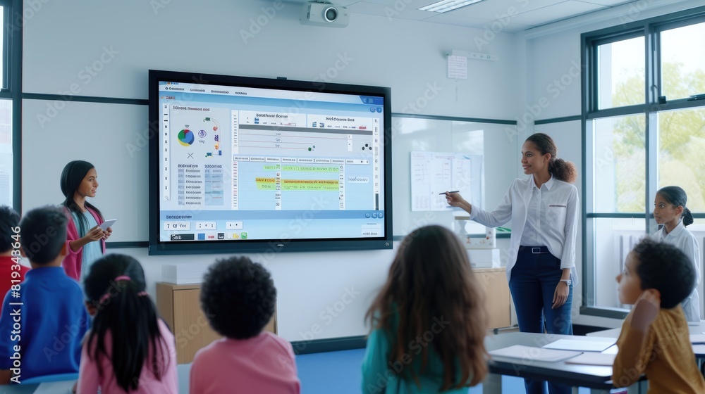 Poster portrait of teacher teaching about ai at digital classroom. multicultural elementary student learnin