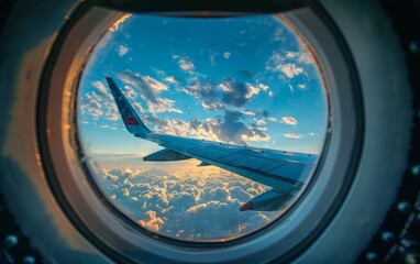 Airplane wing silhouetted against blue skies and fluffy clouds, viewed through a porthole.