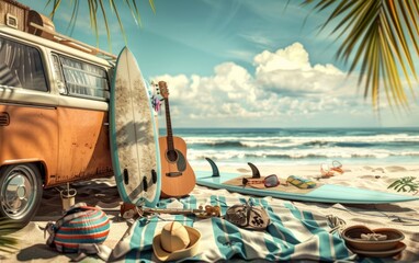 Beachside with a vintage van, surfboard, guitar, and relaxing beach gear.