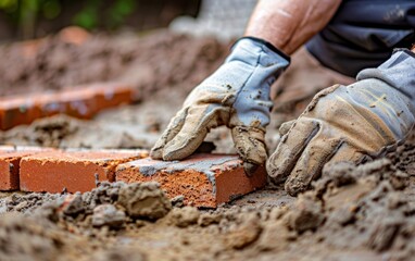 Hands in gloves laying red bricks with mortar.