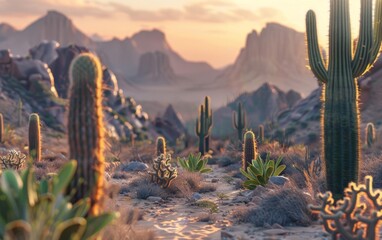 Desert landscape with towering cactus and rugged mountain backdrop at sunset.