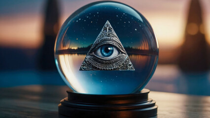crystal ball with blue eye on a wooden table with dark background
