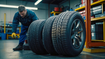 Car tire shop and service - mechanic holding new tire on garage background
