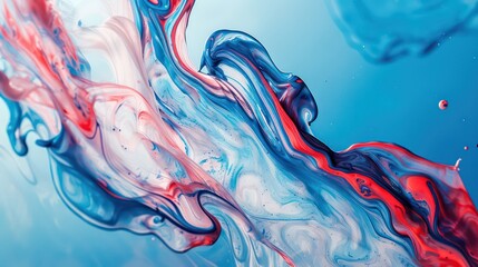 Mix of red white blue color paints with forming abstract patterns against blue background