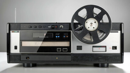 Retro reel to reel tape recorder on white background. Close up