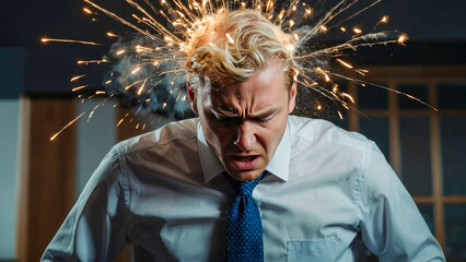 Angry furious businessman, brain explosion at work