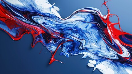 Mix of red white blue color paints with forming abstract patterns against blue background