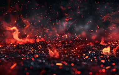 Fototapeta na wymiar Intense red sparks rising in a dark, fiery ambiance.
