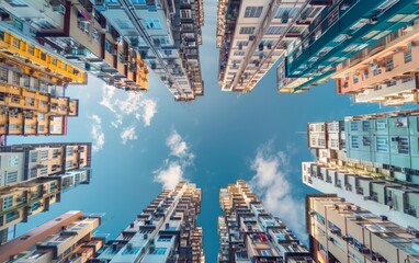 Upward view of towering skyscrapers converging under a blue sky.