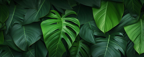 Tropical green leaves background Top view flat lay 