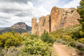 a view of Mallos de Riglos rock formations, comarca of Hoya de Huesca, province of Huesca, Aragon, Spain