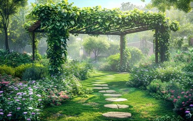 Lush garden with stepping stones path and a pergola covered with vines.