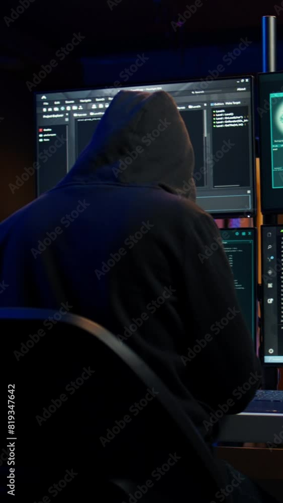 Poster vertical video cybercriminal fraudulently breaching security systems while hiding in secret hq. hack