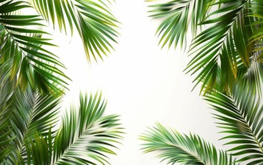 Lush green palm leaves framing a clear white background.