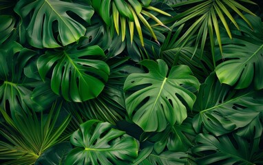 Lush green tropical leaves, featuring large Monstera and palm fronds.