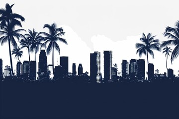 Miami skyline silhouette with palm trees for tropical urban theme, travel and real estate concepts
