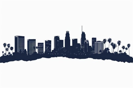 Los Angeles skyline silhouette with palm trees in foreground, modern cityscape illustration on white background