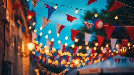 Festive 4th of July string lights and bunting flags illuminate street celebration at dusk