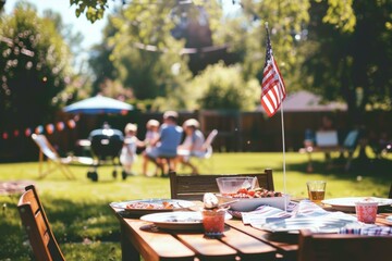Celebrating 4th of July with backyard barbecue picnic, American flag, sunny day, family gathering, festive table setup