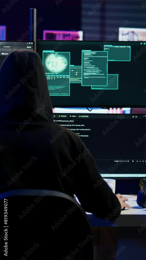 Poster vertical video lone wolf hacker in secret hideout trying to hide online activity after stealing data
