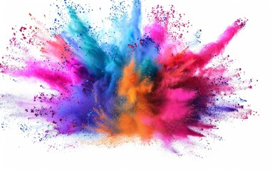 Explosion of vibrant multicolored powder on a white background.