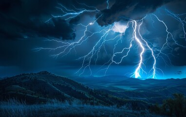 Fierce lightning strikes over hills beneath stormy skies. - Powered by Adobe