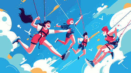 Woman doing bungee jumping with the friends vector