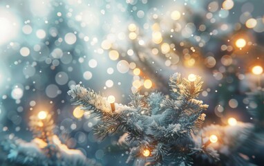 Fir branches dusted with snow, glowing softly with golden lights.