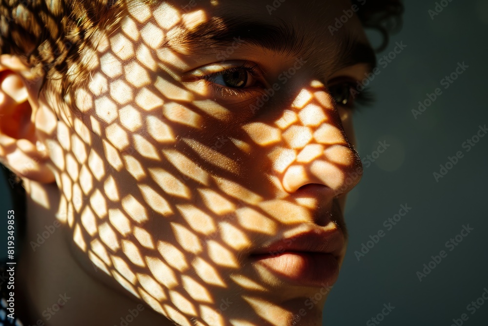 Poster a striking image featuring a person's partial profile with shadow patterns creating an artistic and 