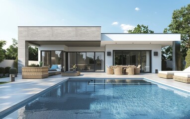 Modern house with pool and wicker patio furniture.