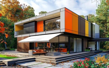 Modern house with retractable awning and colorful exterior.