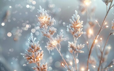 Frosty winter botanical arrangement with sparkling lights and icy tones.