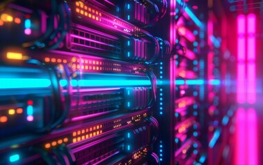 Futuristic digital server network illuminated by vibrant neon lights.