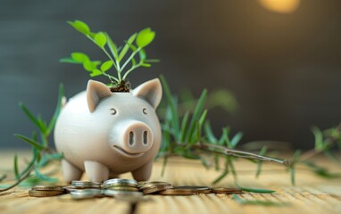 Piggy bank with coins and a growing plant on a wooden surface.