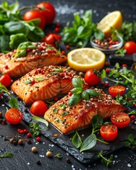 Baked salmon with basil, lemon, and cherry tomatoes - perfect flavor combination
