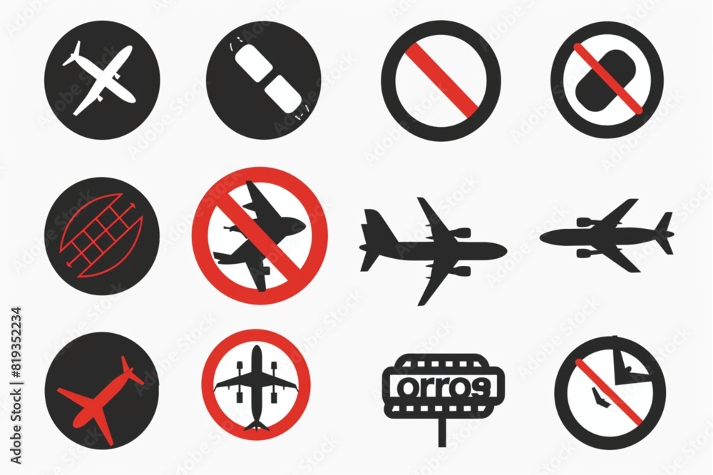 Wall mural stop sign, prohibition sign on airplane, flight ban icon, forbidden passenger air travel symbol, air - Wall murals