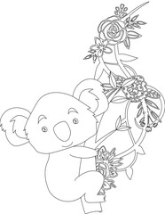 Koala and A Floral Vine Coloring Page. Printable Coloring Worksheet for Adults and Kids. Educational Resources for School and Preschool.