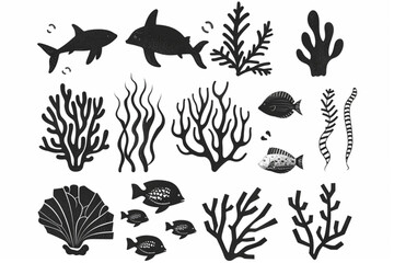 Underwater design elements set vector icon, white background, black colour icon