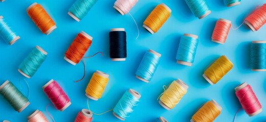 Colorful Sewing Threads Pattern Vibrant Colors Pastel Blue Background: Multicolored Textile Reels and Thread Spools for Tailoring, Crafts, and Dressmaking - Tailor's Background, Top View Flat Lay