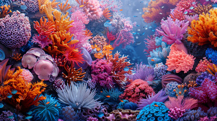 A colorful coral reef with many different types of sea creatures