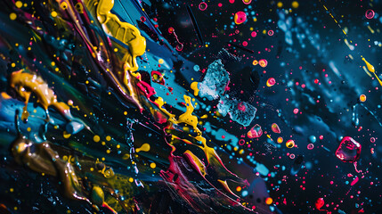 Abstract background texture with chaotic splatters and drips of bright colors on a dark canvas, capturing intense and expressive details with a macro lens.