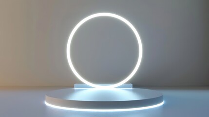Futuristic geometric podium with white neon light circle portal effect. All white studio with minimalist technological style creates a modern exhibition space. Stage background