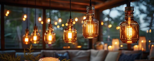 A group of elegant whiskey bottles converted into lamps, casting a soft light over a reading nook