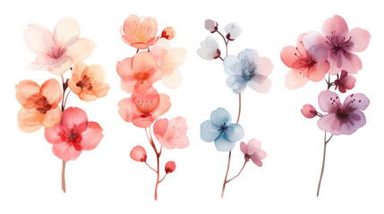 Set of colorful flowers on a transparent background. Watercolor illustration. Clipart PNG	

