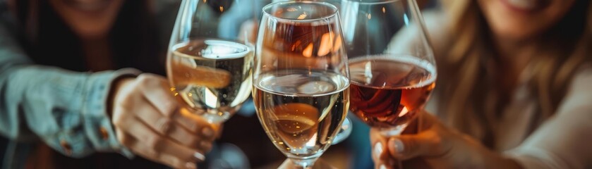 A group of friends toasting with glasses of wine, with one person appearing noticeably more intoxicated