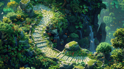 A lush green jungle with a stone staircase leading up to a waterfall