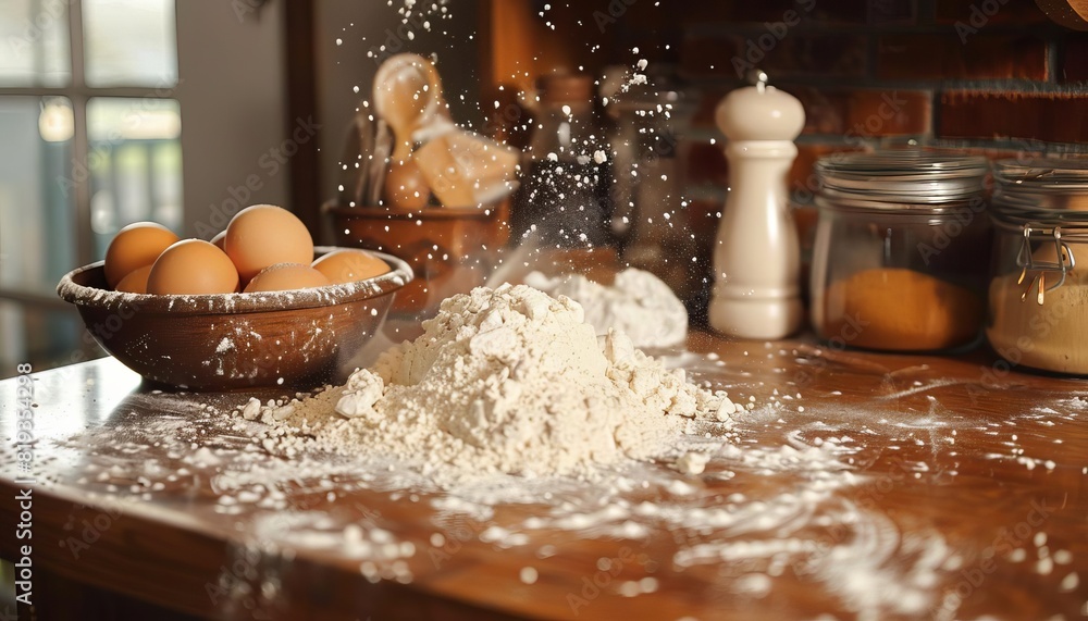 Wall mural a kitchen counter surface cluttered with ingredients for baking, flour dusting the granite