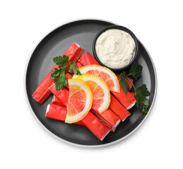 Tasty crab sticks, sauce, pieces of lemon and parsley isolated on white, top view © New Africa